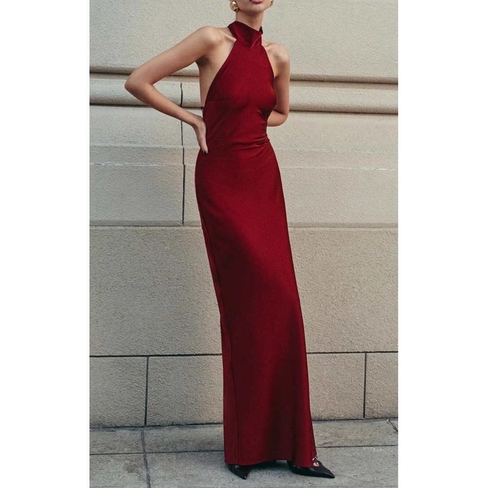 Commense Burgundy Red Satin Halter Open Back Maxi Dress OA241009029 Size S